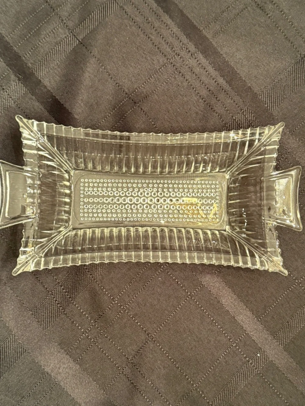 Vintage Clear Glass Candy Trinket Dish Rectangle with Handles Butter 8”x3.5”